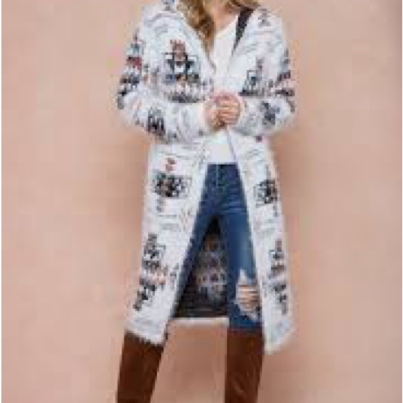 Eyelash knit Aztec print hooded Cardigan size Medium NWT mid length open front - Picture 1 of 9